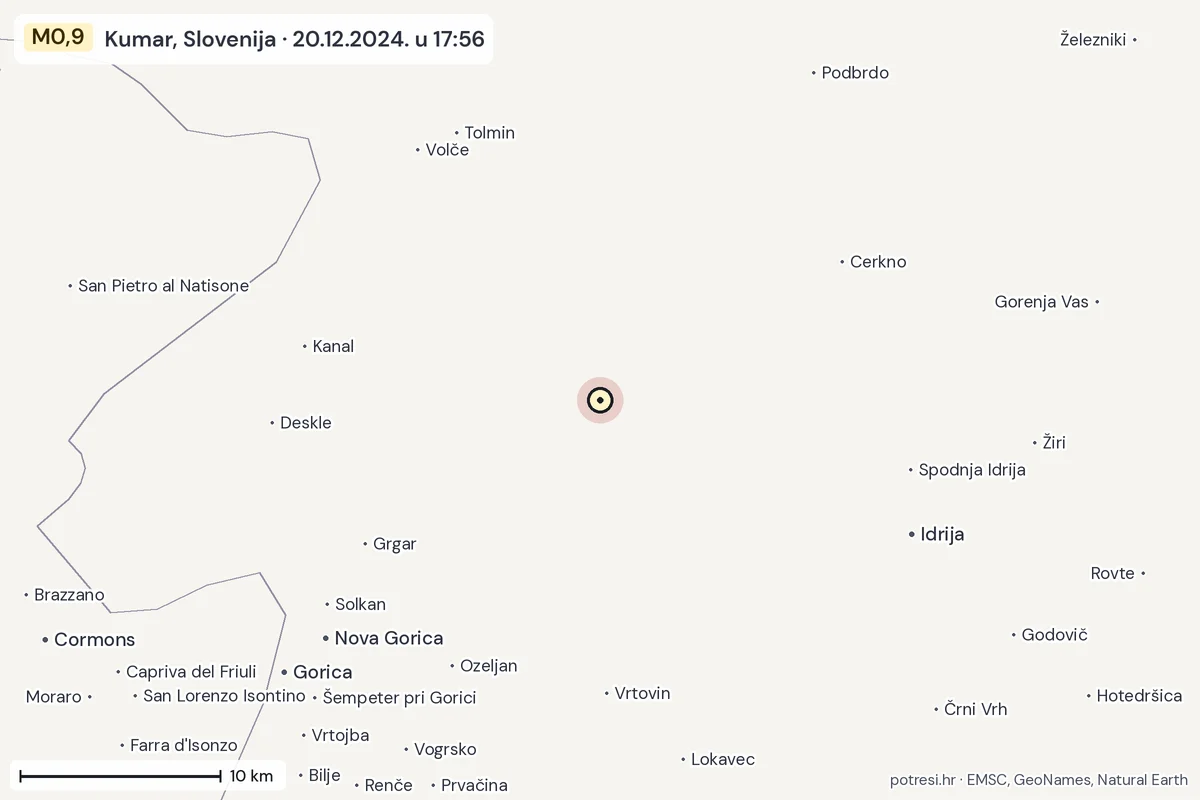 Karta: okolica epicentra, 60 km, potres M0,9, Kumar, Slovenija, 20.12.2024.