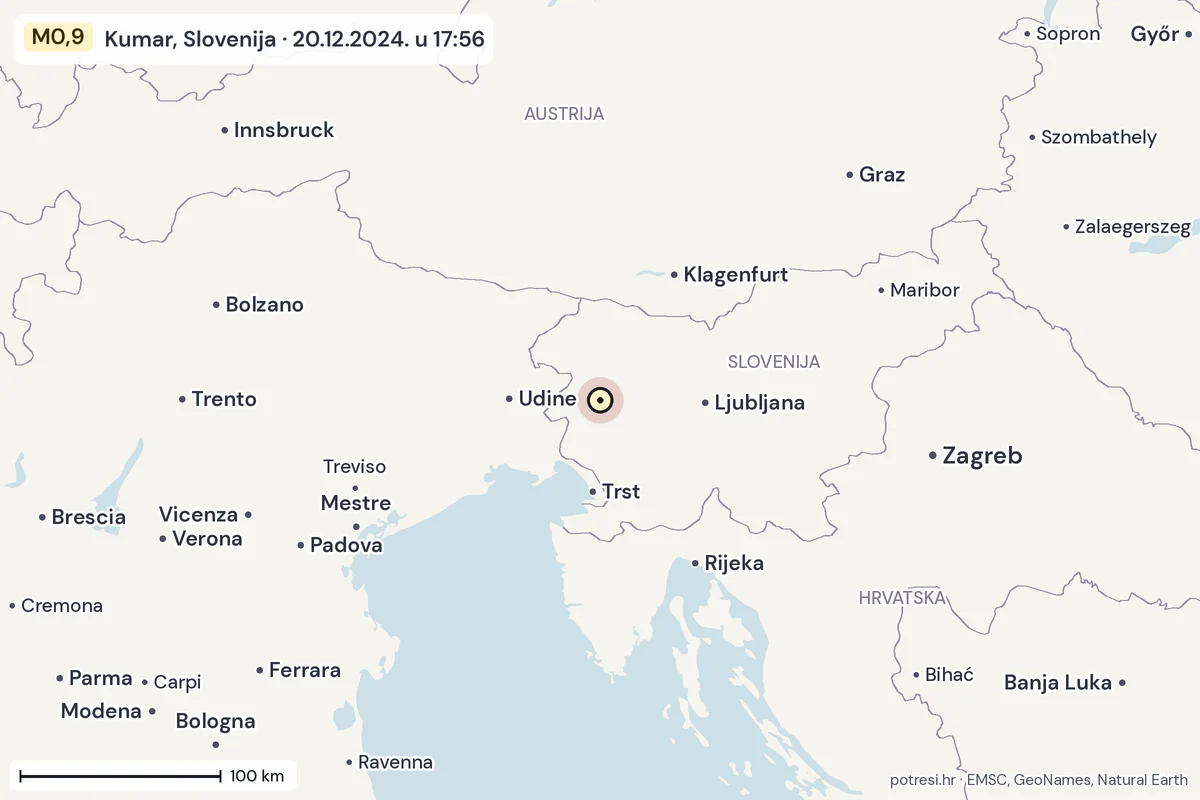Karta: šire područje, 600 km, potres M0,9, Kumar, Slovenija, 20.12.2024.