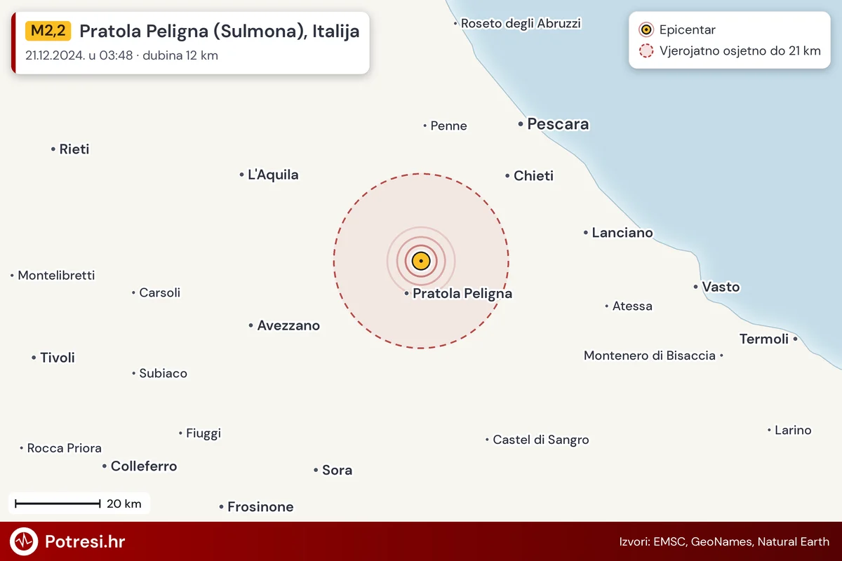 Karta: šire područje i vjerojatni doseg osjeta, potres M2,2, Pratola Peligna (Sulmona), Italija, 21.12.2024.