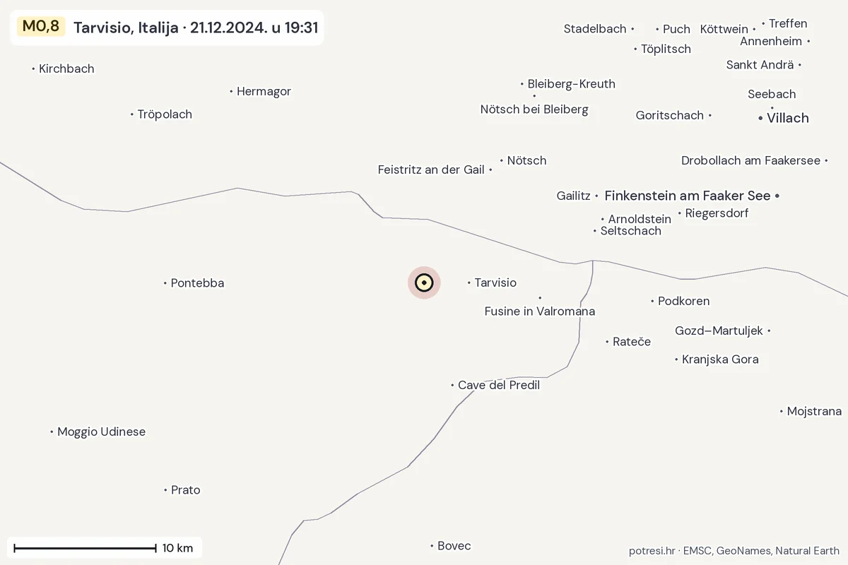 Karta: okolica epicentra, 60 km, potres M0,8, Tarvisio, Italija, 21.12.2024.