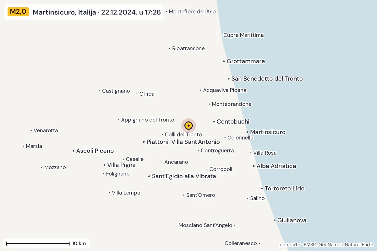 Karta: okolica epicentra, 60 km, potres M2,0, Martinsicuro, Italija, 22.12.2024.