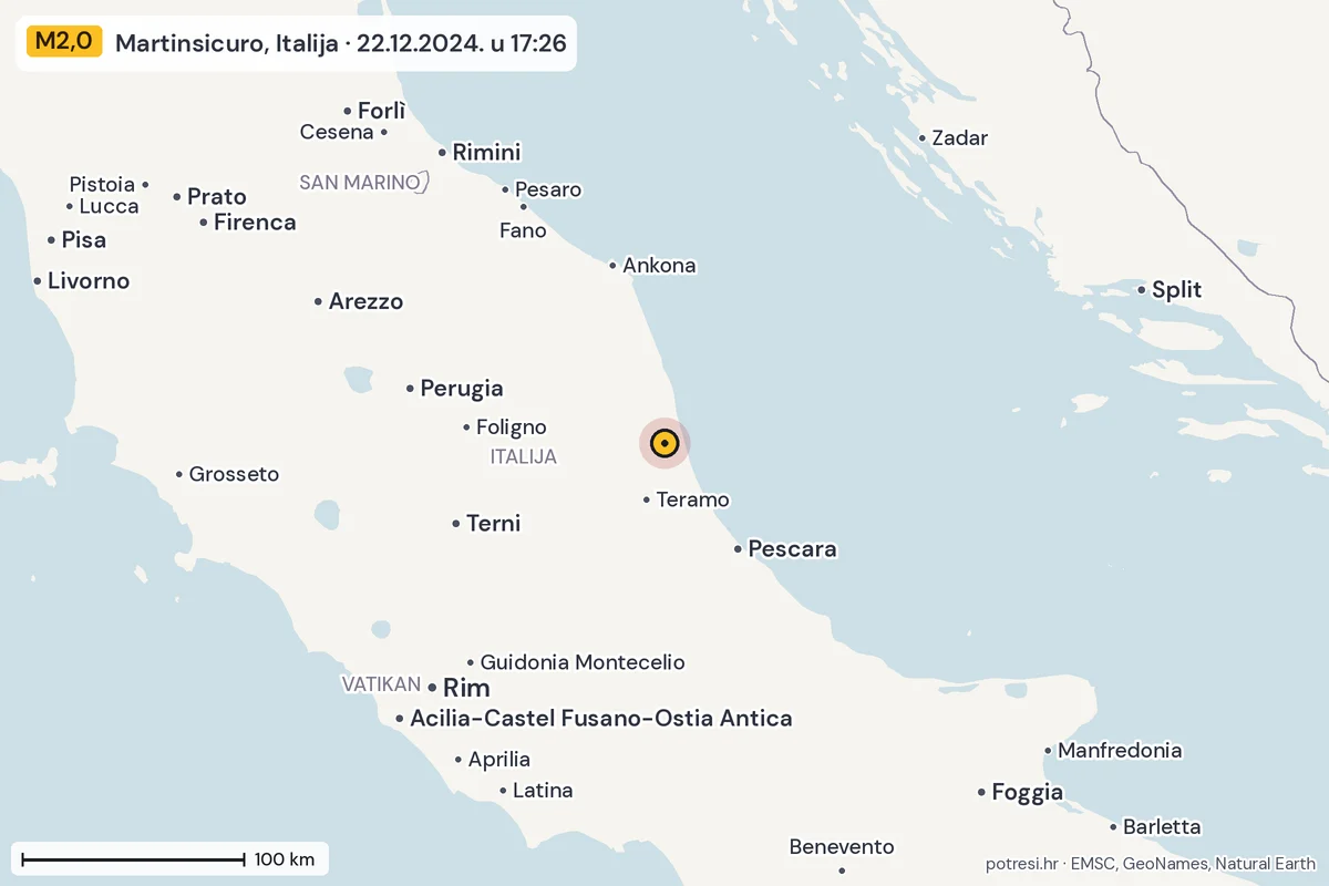 Karta: šire područje, 600 km, potres M2,0, Martinsicuro, Italija, 22.12.2024.