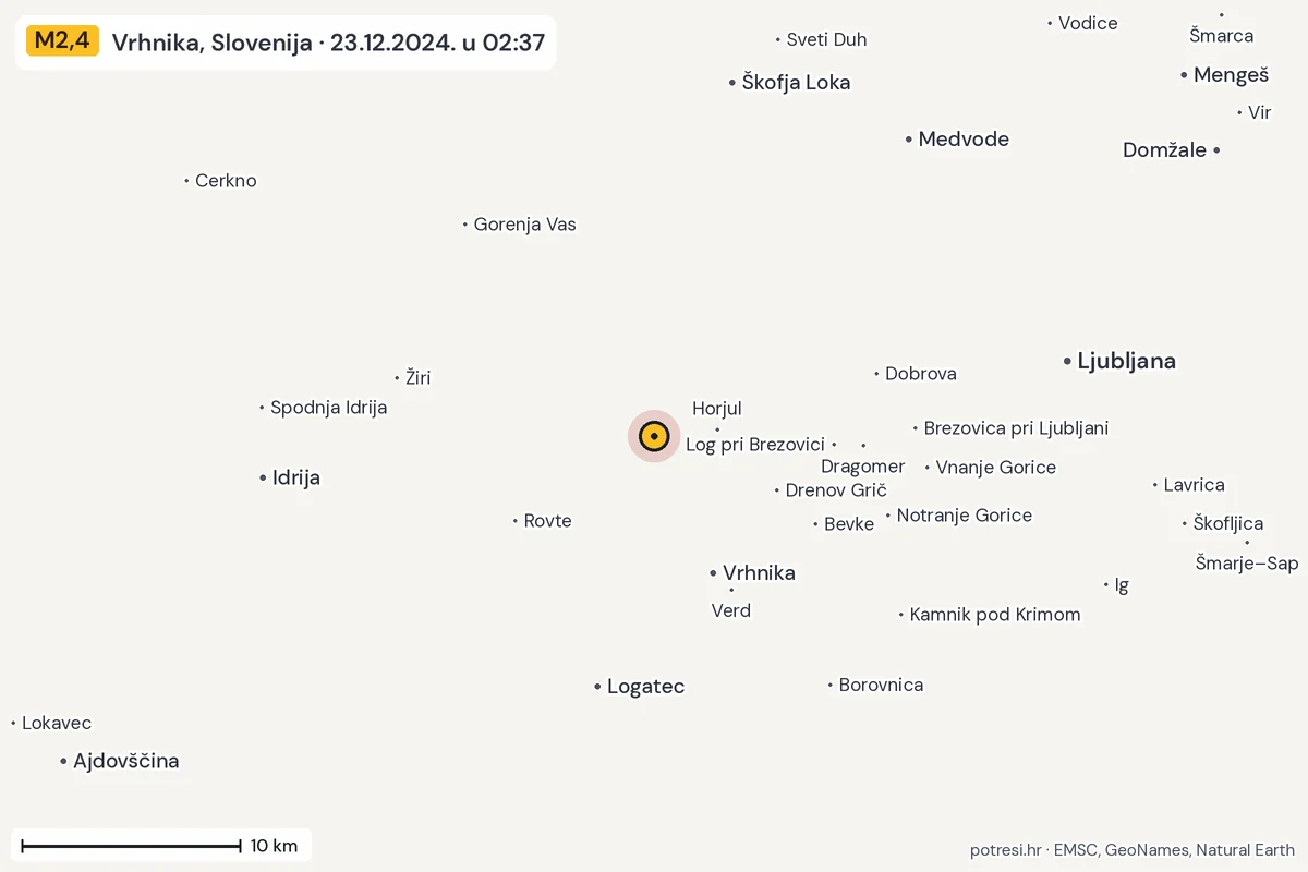Karta: okolica epicentra, 60 km, potres M2,4, Vrhnika, Slovenija, 23.12.2024.