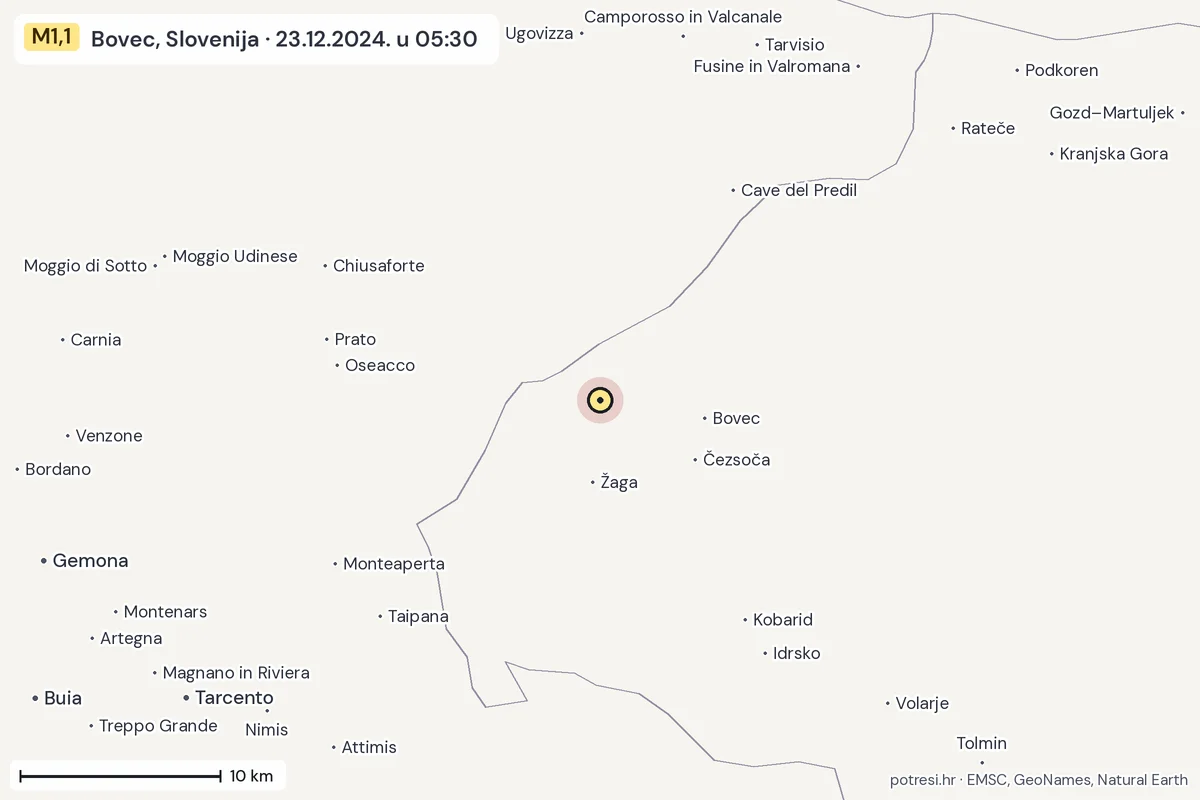 Karta: okolica epicentra, 60 km, potres M1,1, Bovec, Slovenija, 23.12.2024.