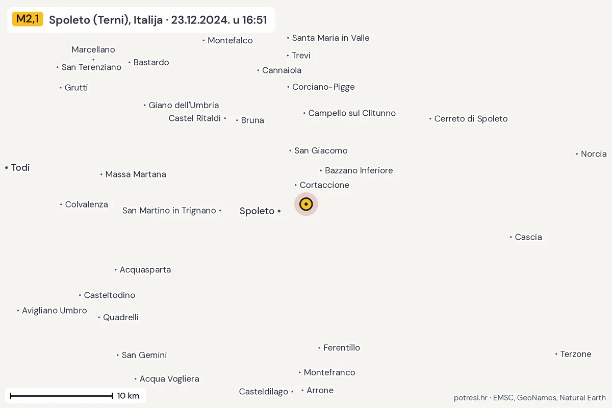 Karta: okolica epicentra, 60 km, potres M2,1, Spoleto (Terni), Italija, 23.12.2024.