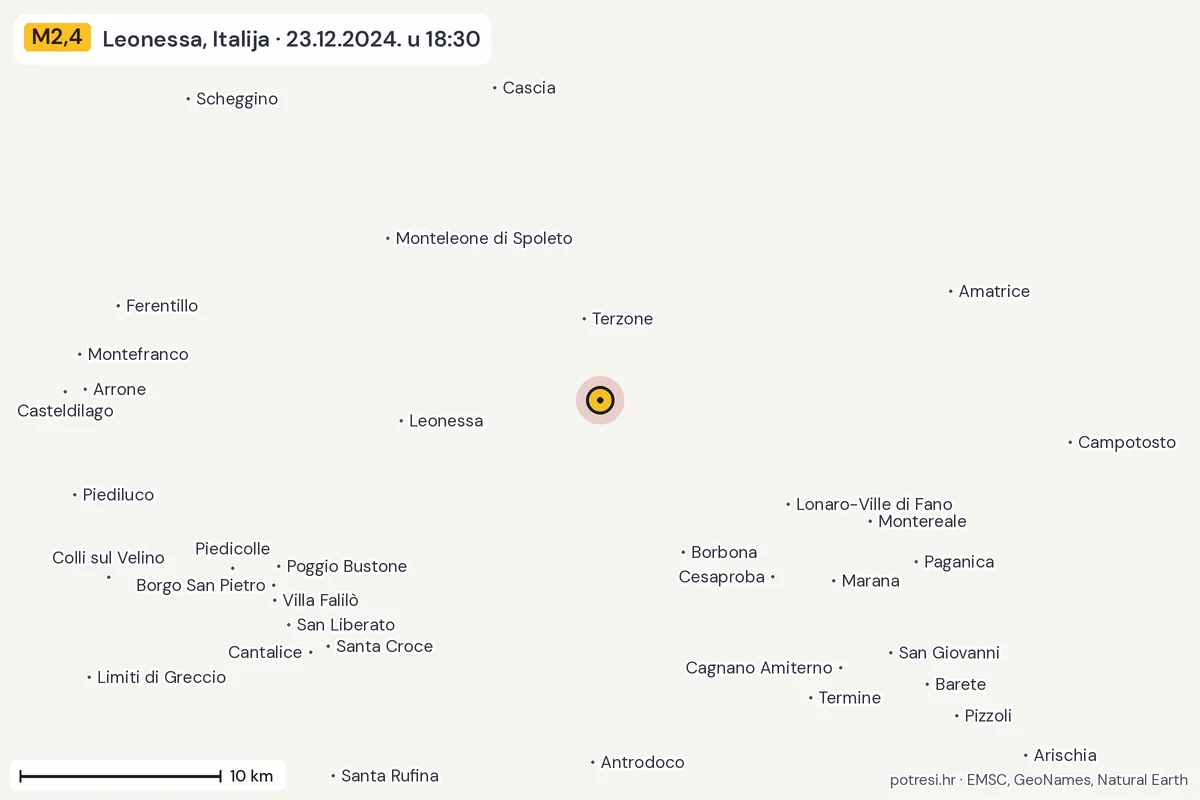 Karta: okolica epicentra, 60 km, potres M2,4, Leonessa, Italija, 23.12.2024.