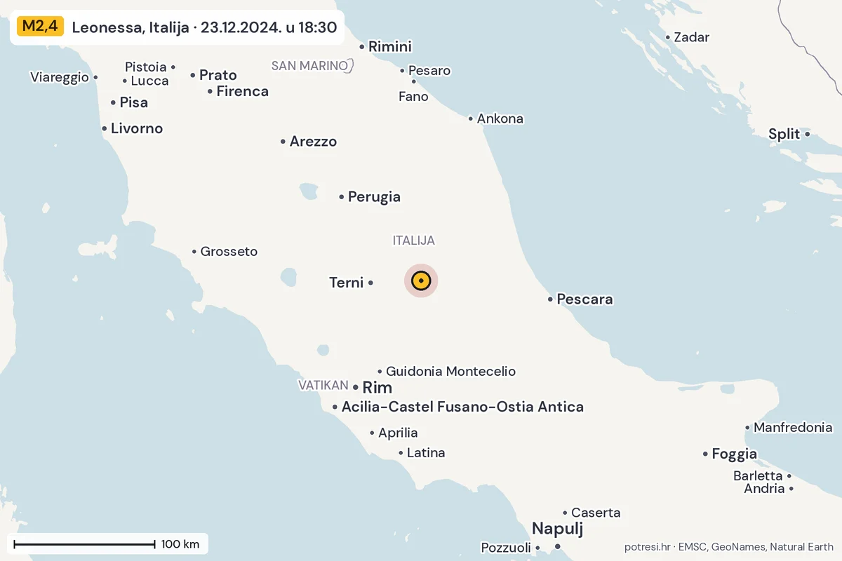 Karta: šire područje, 600 km, potres M2,4, Leonessa, Italija, 23.12.2024.