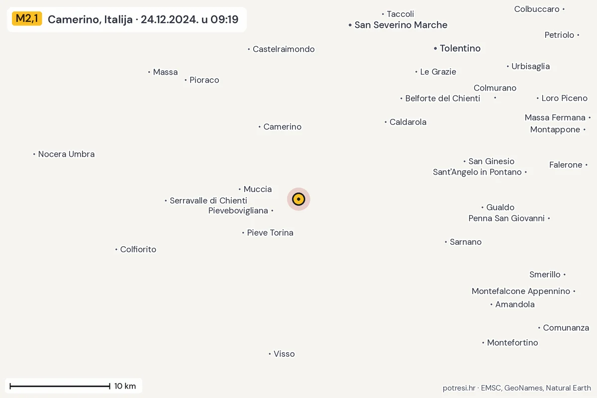 Karta: okolica epicentra, 60 km, potres M2,1, Camerino, Italija, 24.12.2024.