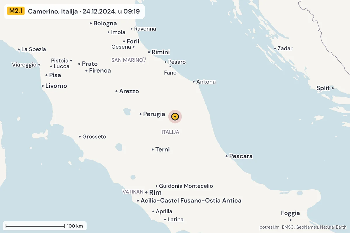 Karta: šire područje, 600 km, potres M2,1, Camerino, Italija, 24.12.2024.
