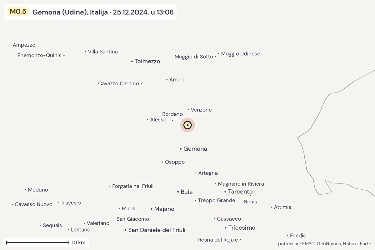 Karta: okolica epicentra, 60 km, potres M0,5, Gemona (Udine), Italija, 25.12.2024.