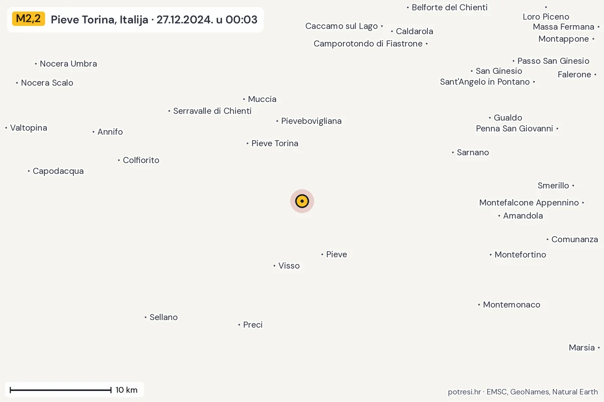 Karta: okolica epicentra, 60 km, potres M2,2, Pieve Torina, Italija, 27.12.2024.