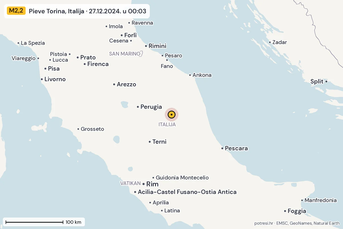Karta: šire područje, 600 km, potres M2,2, Pieve Torina, Italija, 27.12.2024.