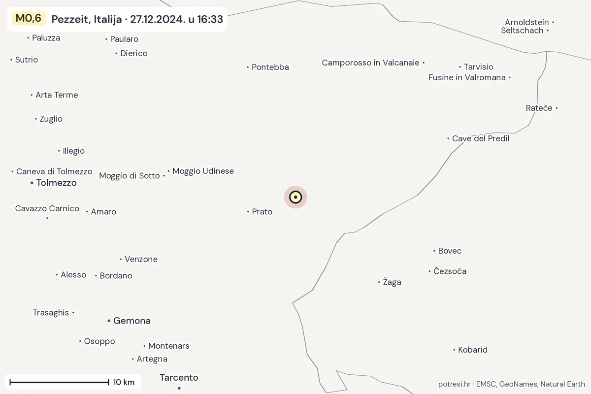 Karta: okolica epicentra, 60 km, potres M0,6, Pezzeit, Italija, 27.12.2024.