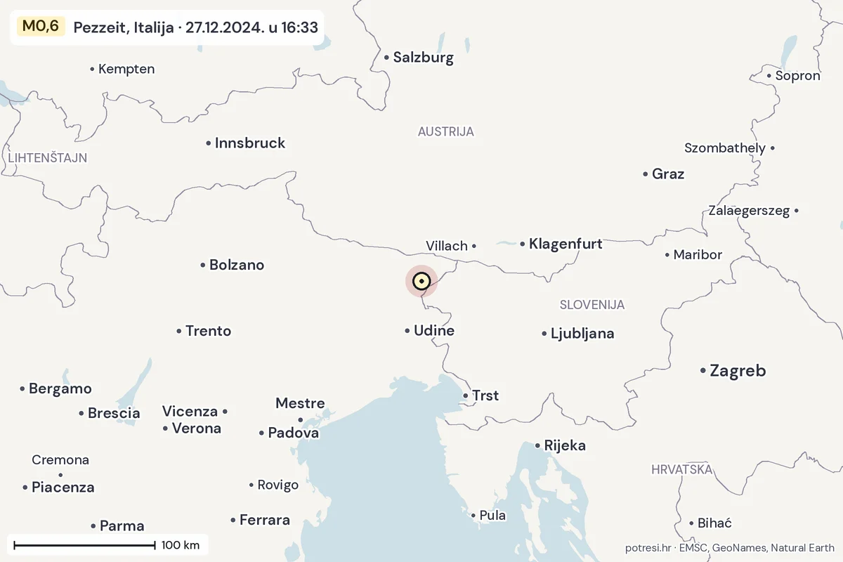 Karta: šire područje, 600 km, potres M0,6, Pezzeit, Italija, 27.12.2024.