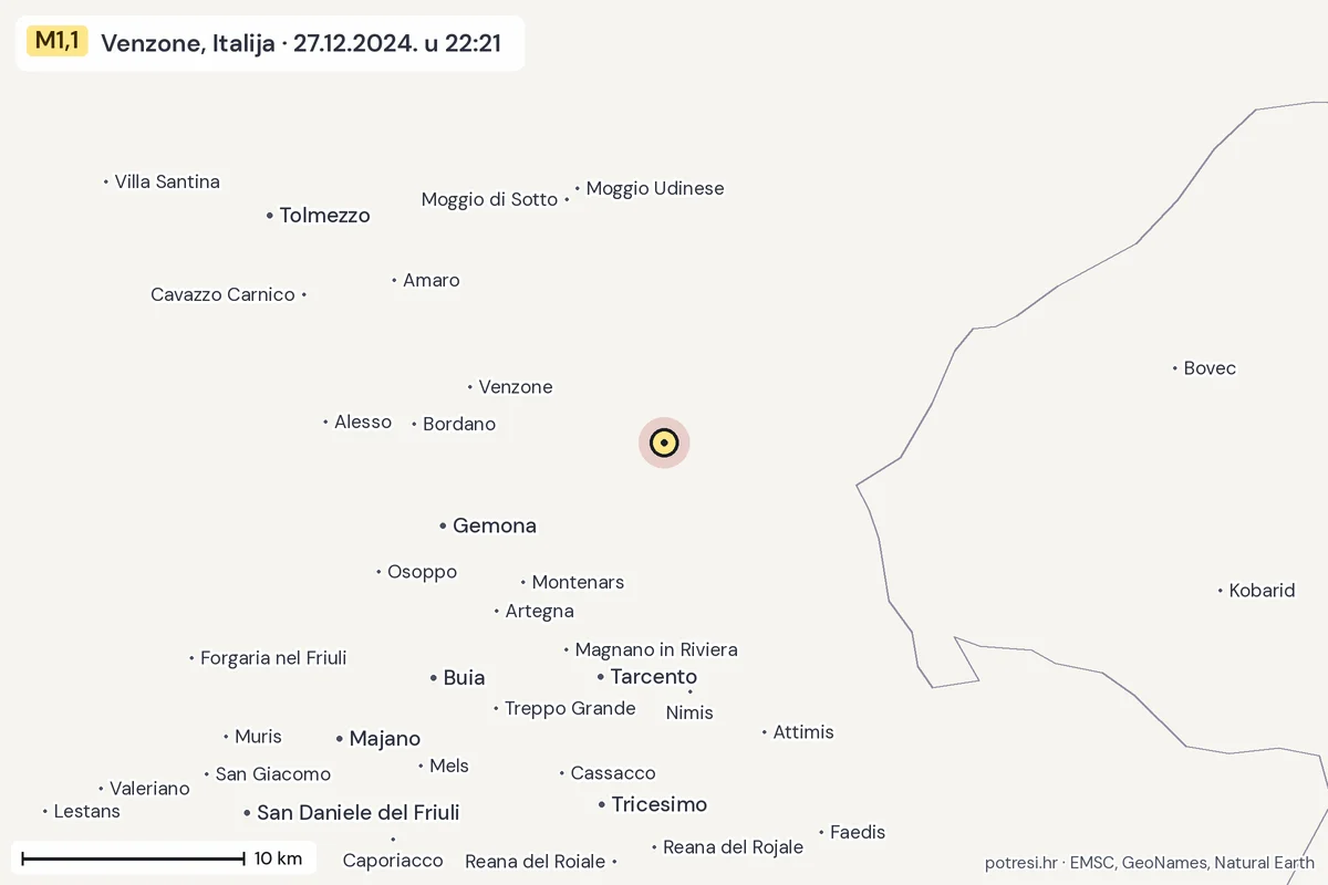 Karta: okolica epicentra, 60 km, potres M1,1, Venzone, Italija, 27.12.2024.