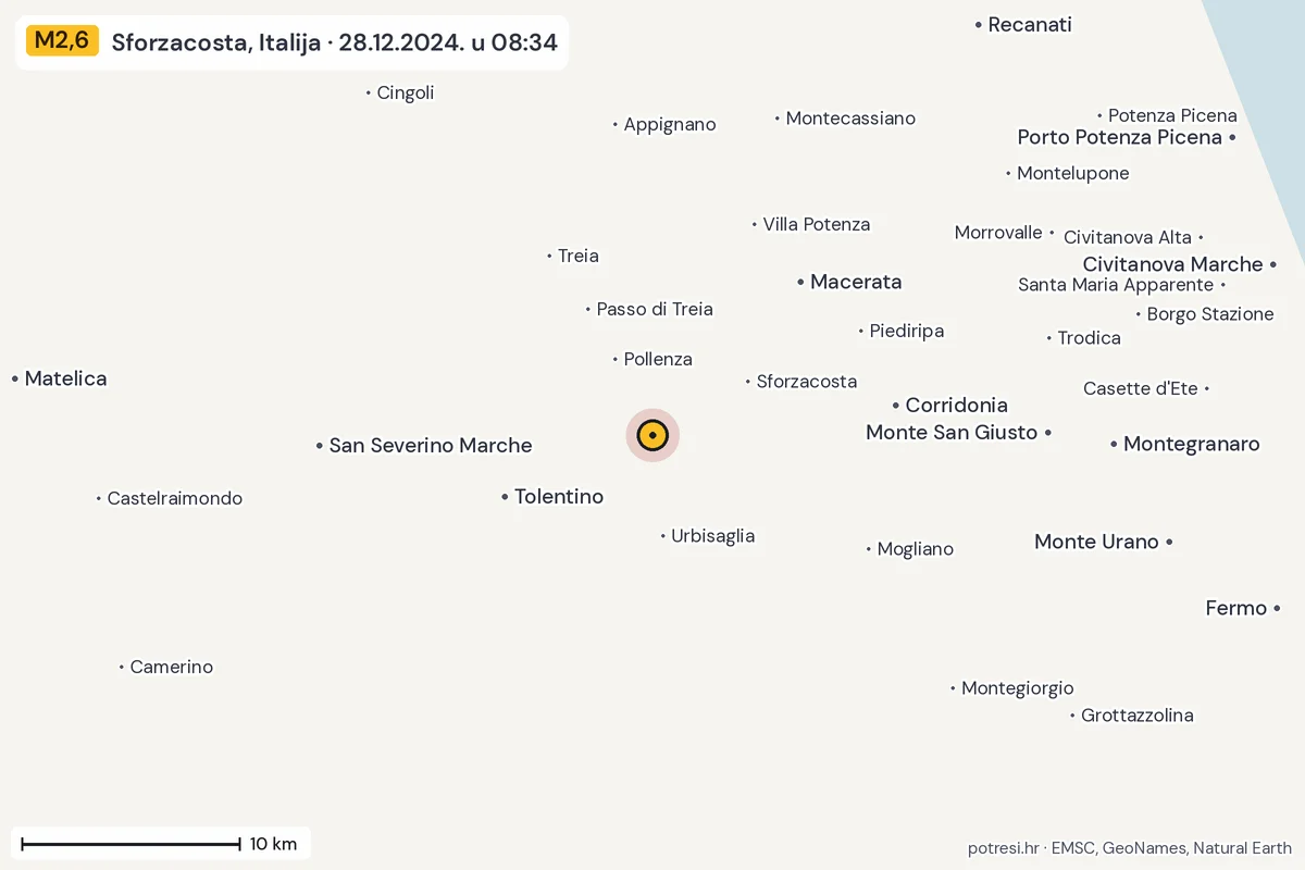 Karta: okolica epicentra, 60 km, potres M2,6, Sforzacosta, Italija, 28.12.2024.
