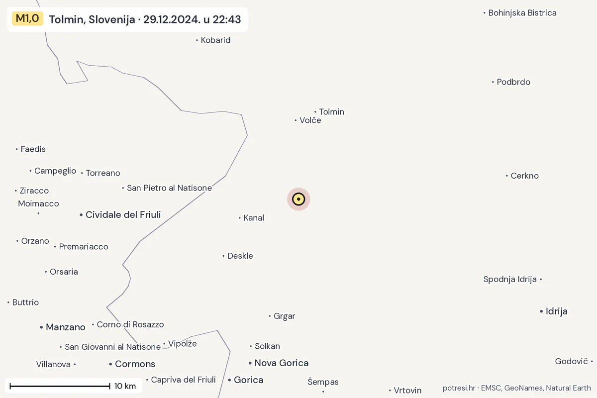 Karta: okolica epicentra, 60 km, potres M1,0, Tolmin, Slovenija, 29.12.2024.
