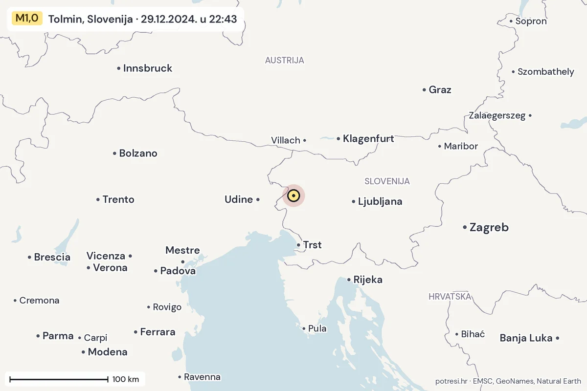 Karta: šire područje, 600 km, potres M1,0, Tolmin, Slovenija, 29.12.2024.