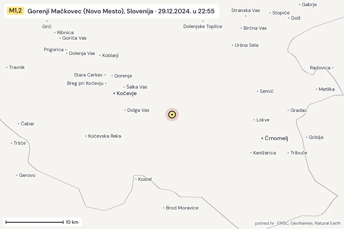 Karta: okolica epicentra, 60 km, potres M1,2, Gorenji Mačkovec (Novo Mesto), Slovenija, 29.12.2024.