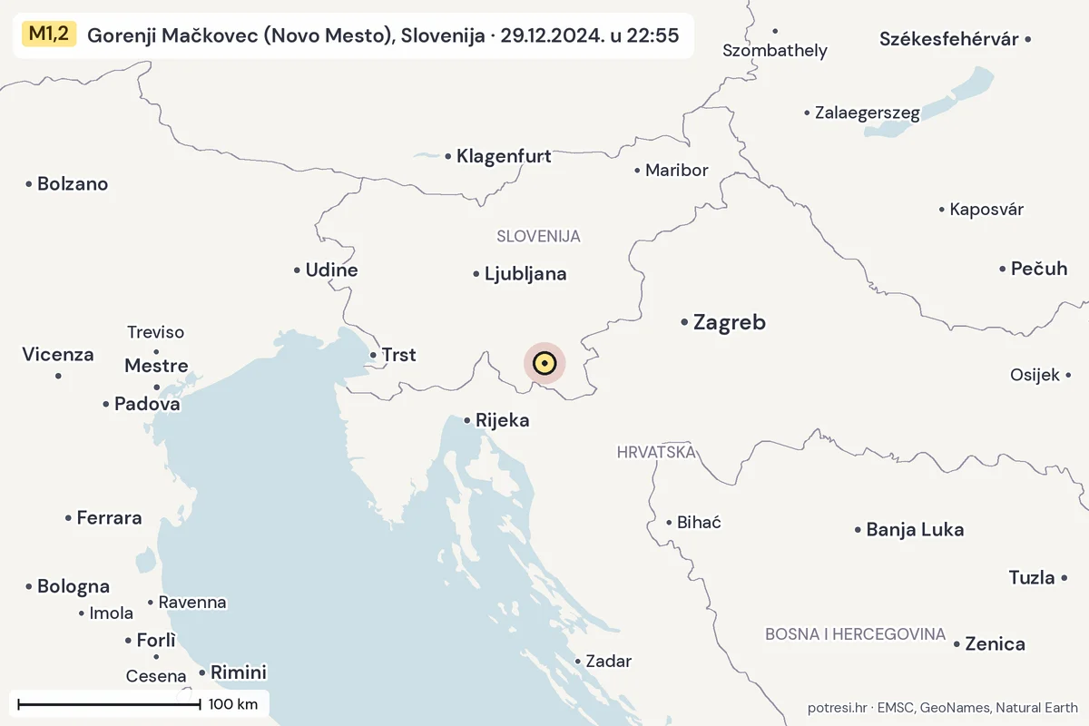 Karta: šire područje, 600 km, potres M1,2, Gorenji Mačkovec (Novo Mesto), Slovenija, 29.12.2024.