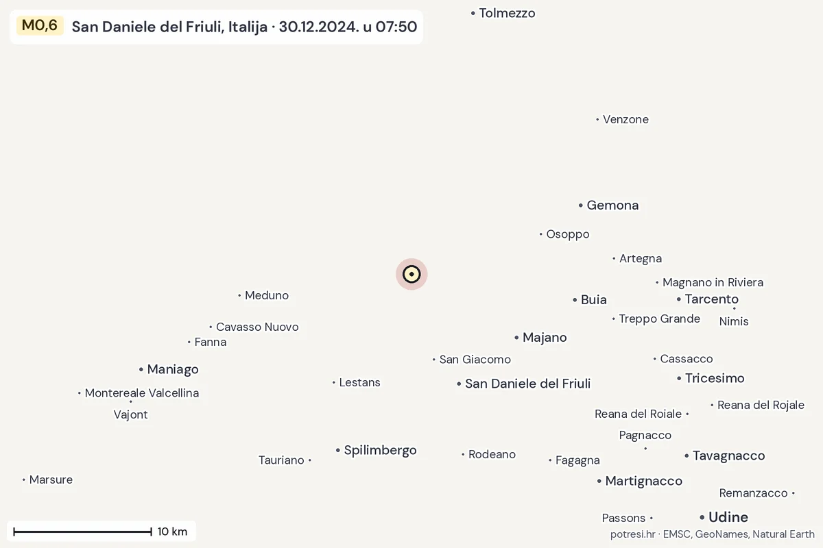 Karta: okolica epicentra, 60 km, potres M0,6, San Daniele del Friuli, Italija, 30.12.2024.