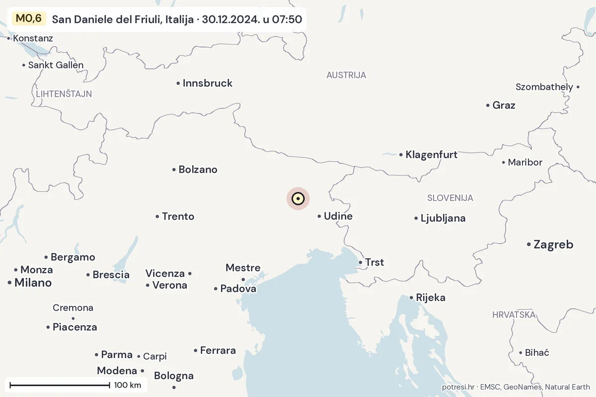 Karta: šire područje, 600 km, potres M0,6, San Daniele del Friuli, Italija, 30.12.2024.