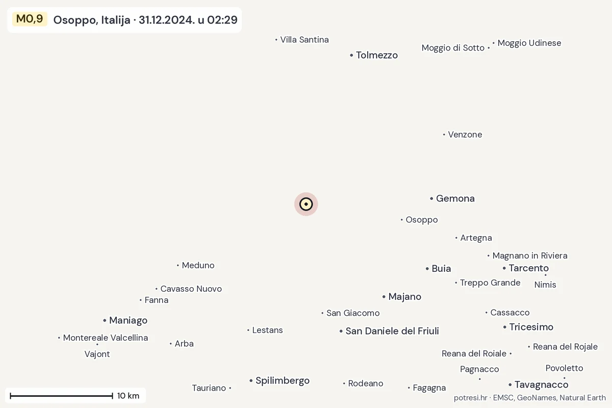 Karta: okolica epicentra, 60 km, potres M0,9, Osoppo, Italija, 31.12.2024.