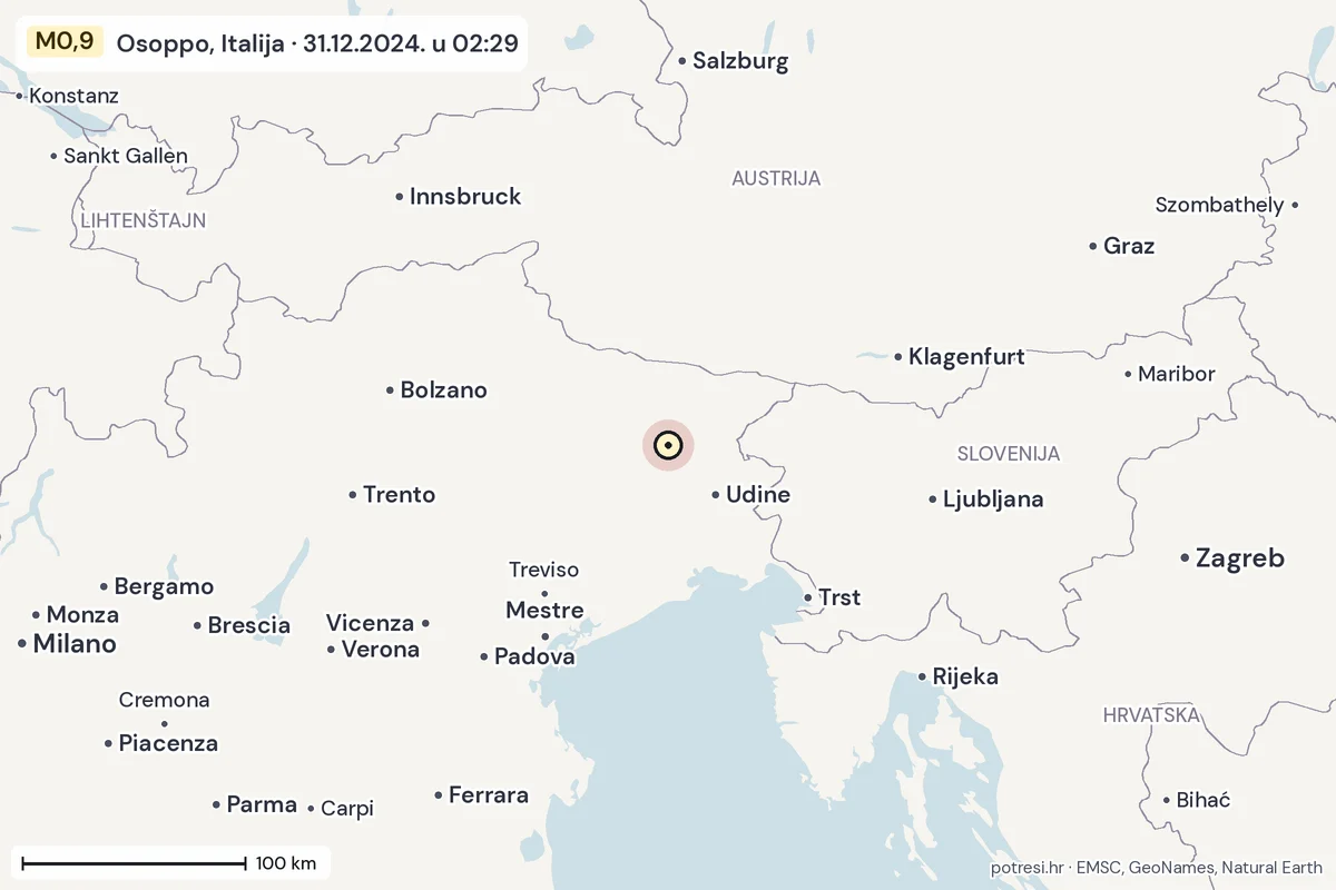 Karta: šire područje, 600 km, potres M0,9, Osoppo, Italija, 31.12.2024.
