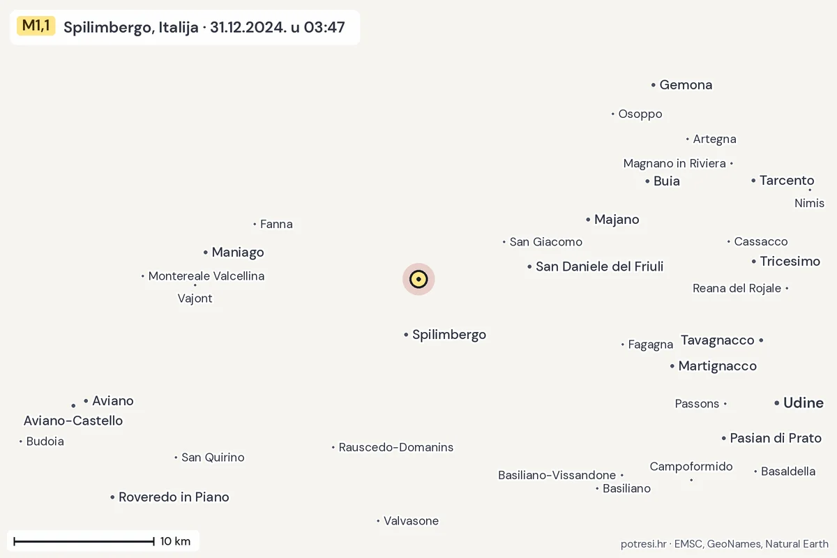 Karta: okolica epicentra, 60 km, potres M1,1, Spilimbergo, Italija, 31.12.2024.