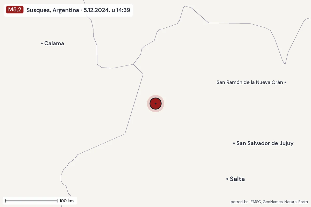 Karta: šire područje, 600 km, potres M5,2, Susques, Argentina, 5.12.2024.