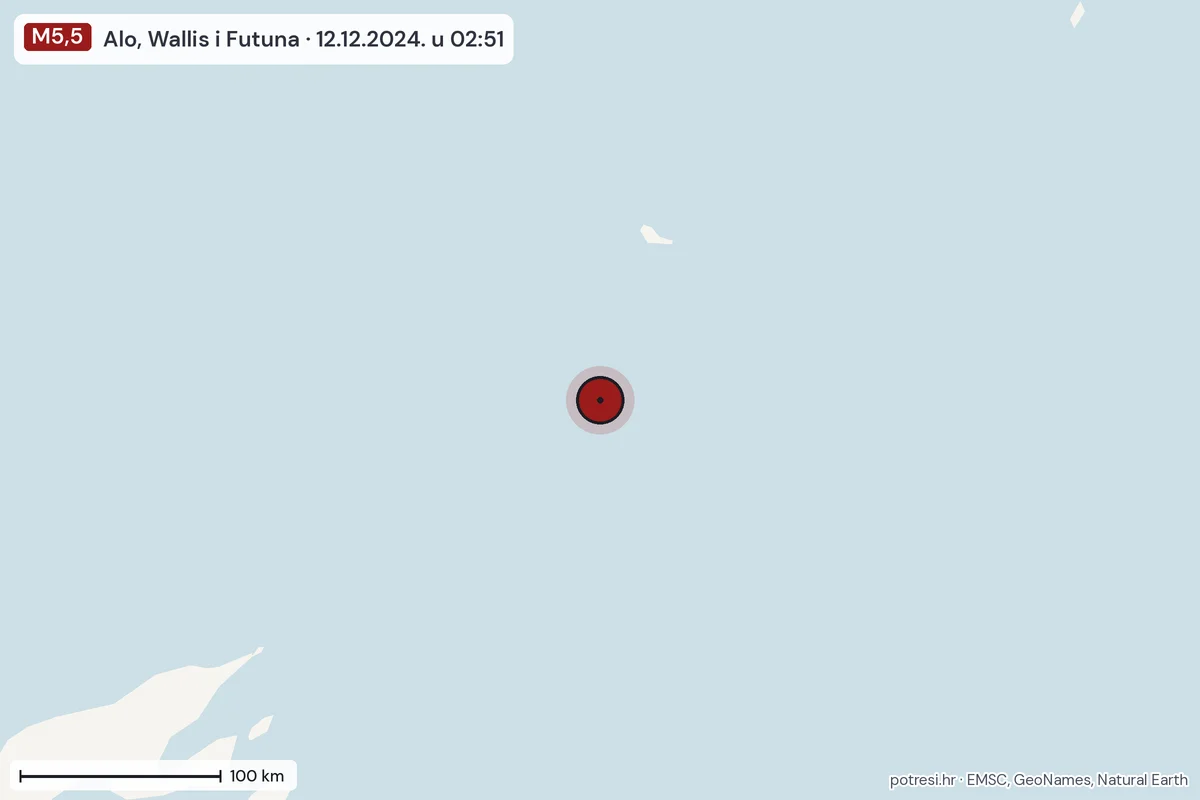 Karta: šire područje, 600 km, potres M5,5, Alo, Wallis i Futuna, 12.12.2024.