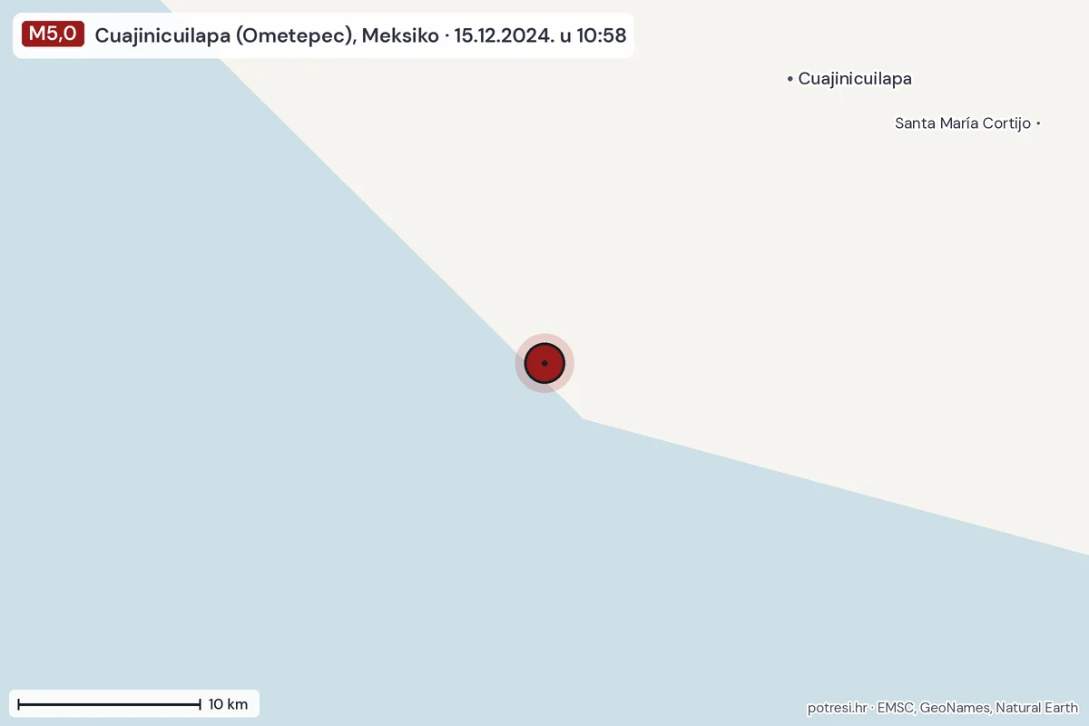Karta: okolica epicentra, 60 km, potres M5,0, Cuajinicuilapa (Ometepec), Meksiko, 15.12.2024.