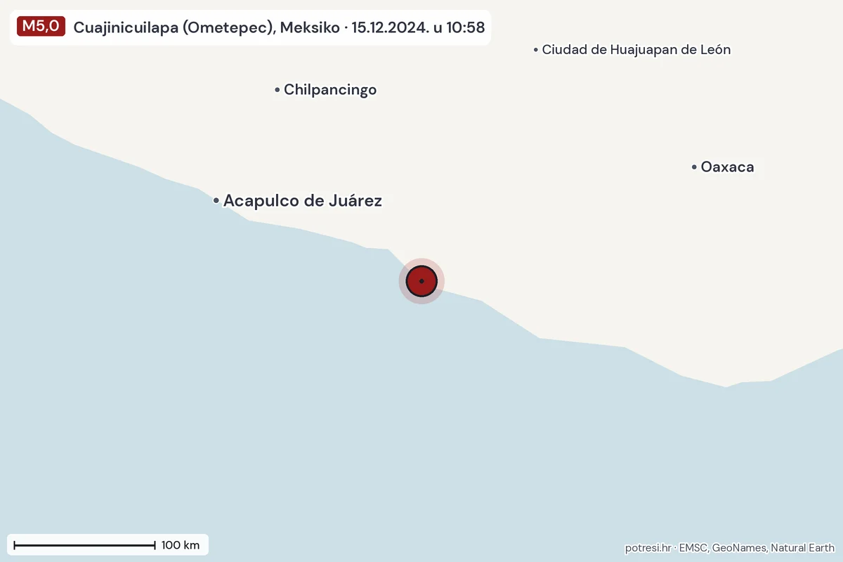 Karta: šire područje, 600 km, potres M5,0, Cuajinicuilapa (Ometepec), Meksiko, 15.12.2024.