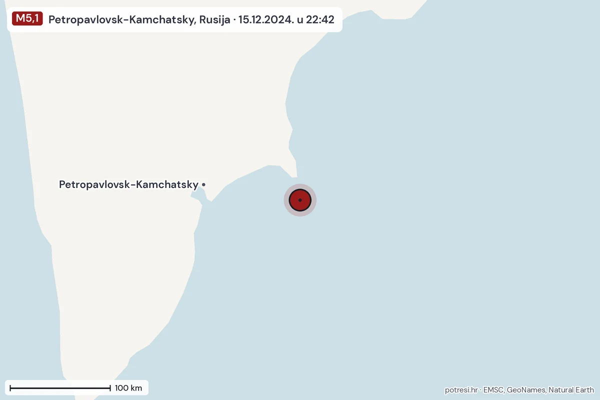 Karta: šire područje, 600 km, potres M5,1, Petropavlovsk-Kamchatsky, Rusija, 15.12.2024.