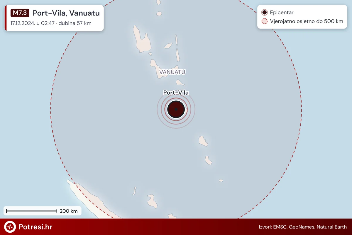 Karta: šire područje i vjerojatni doseg osjeta, potres M7,3, Port-Vila, Vanuatu, 17.12.2024.