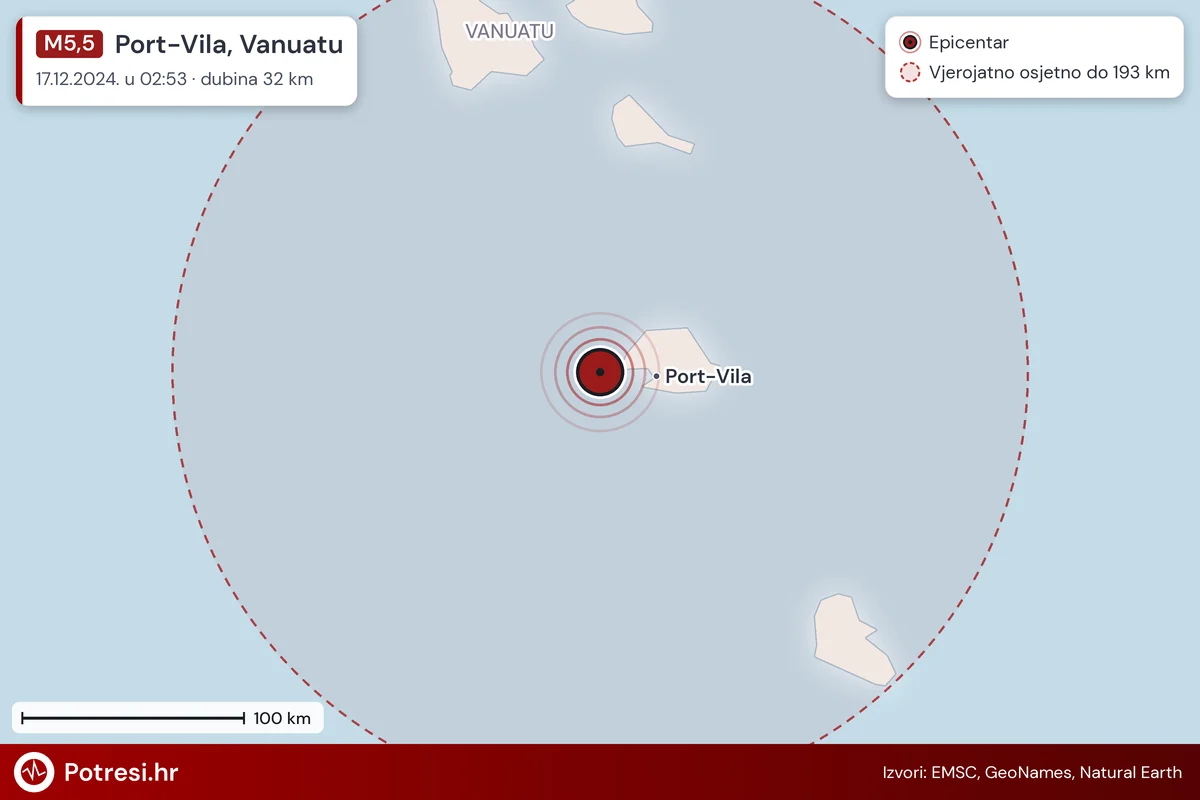 Karta: šire područje i vjerojatni doseg osjeta, potres M5,5, Port-Vila, Vanuatu, 17.12.2024.