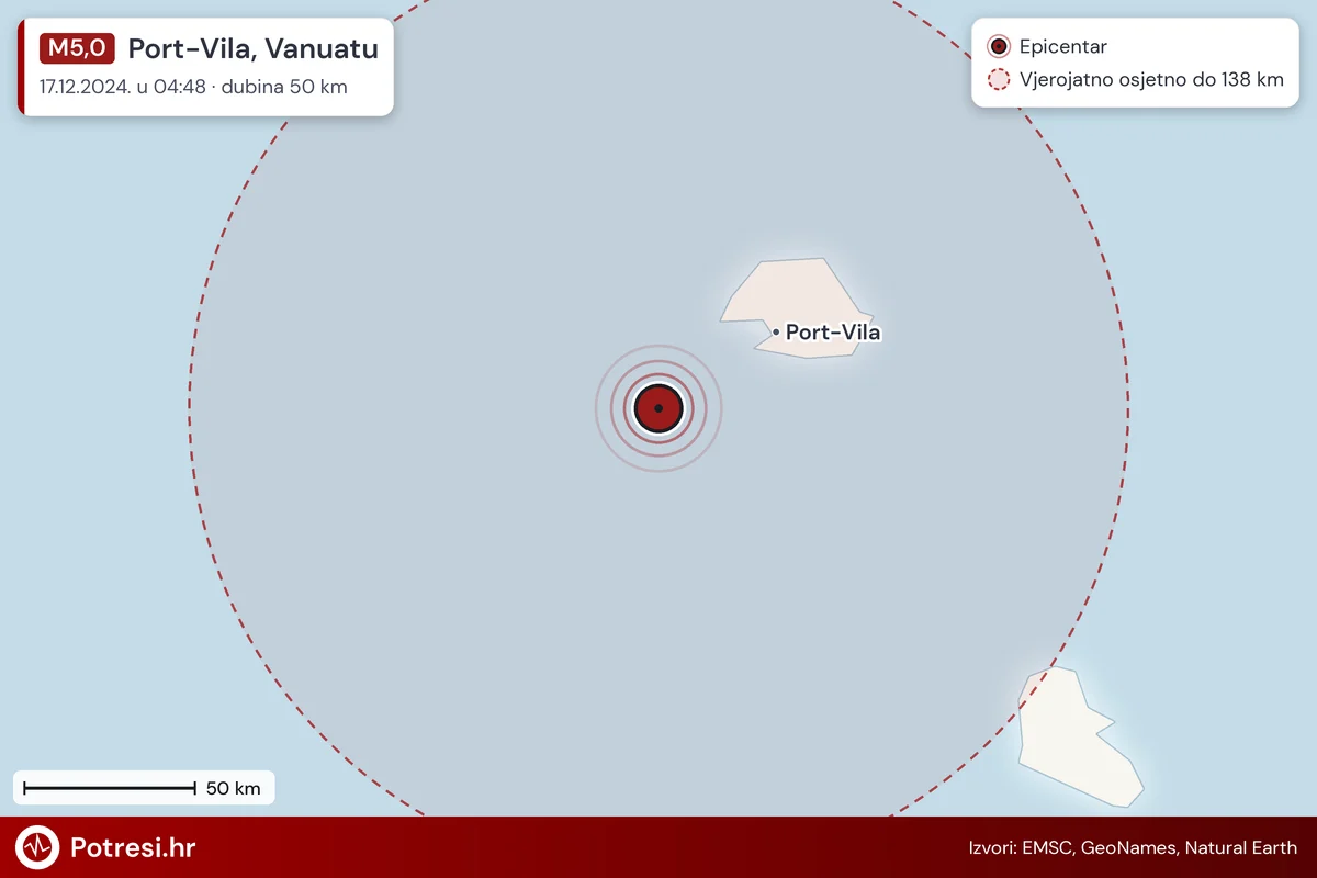 Karta: šire područje i vjerojatni doseg osjeta, potres M5,0, Port-Vila, Vanuatu, 17.12.2024.