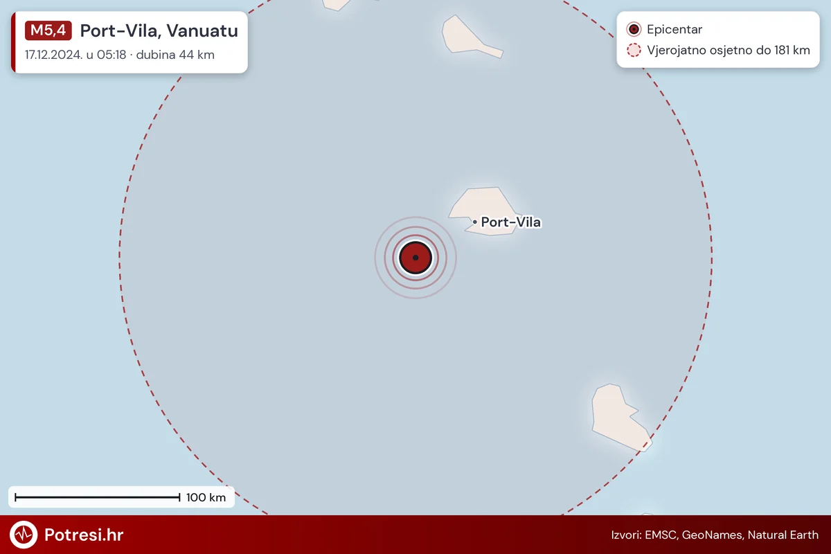 Karta: šire područje i vjerojatni doseg osjeta, potres M5,4, Port-Vila, Vanuatu, 17.12.2024.