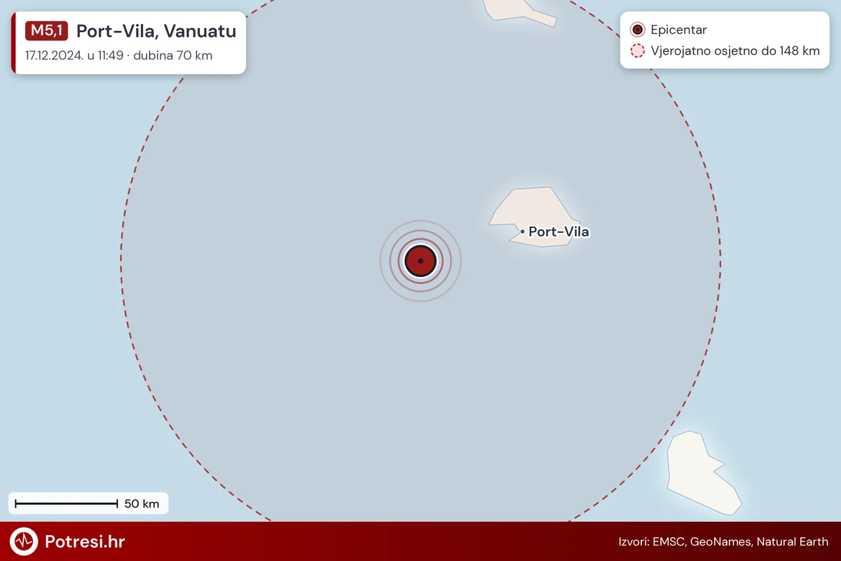 Karta: šire područje i vjerojatni doseg osjeta, potres M5,1, Port-Vila, Vanuatu, 17.12.2024.