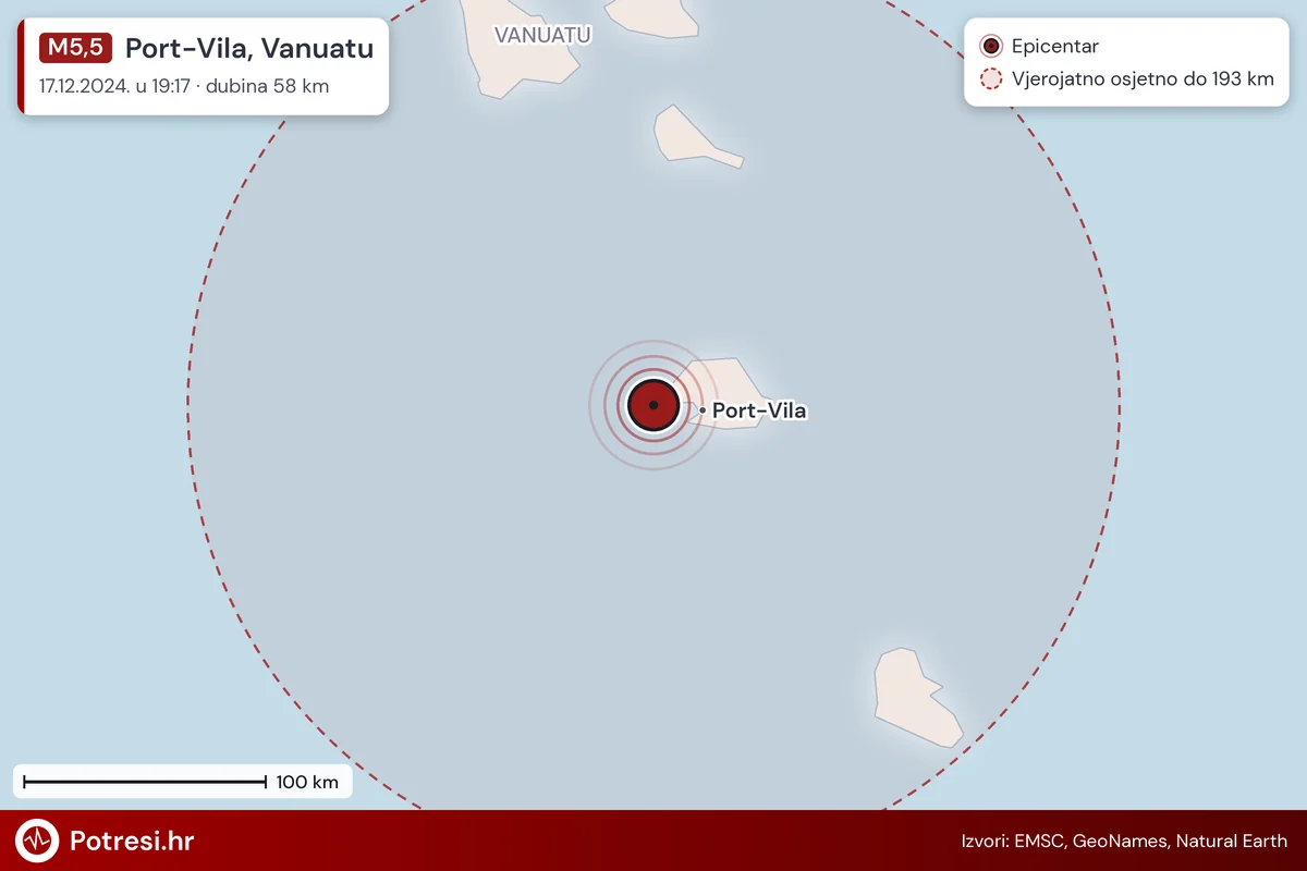 Karta: šire područje i vjerojatni doseg osjeta, potres M5,5, Port-Vila, Vanuatu, 17.12.2024.