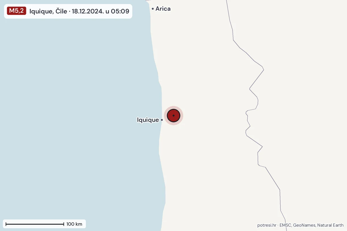 Karta: šire područje, 600 km, potres M5,2, Iquique, Čile, 18.12.2024.