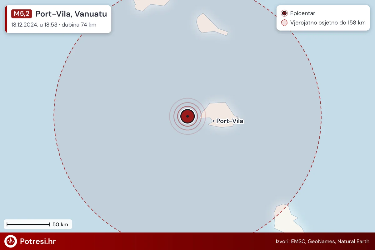 Karta: šire područje i vjerojatni doseg osjeta, potres M5,2, Port-Vila, Vanuatu, 18.12.2024.