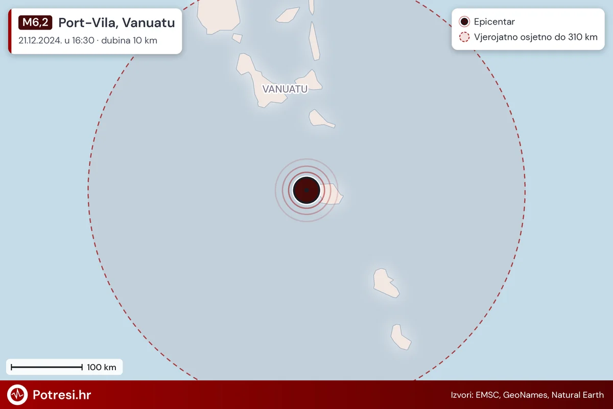 Karta: šire područje i vjerojatni doseg osjeta, potres M6,2, Port-Vila, Vanuatu, 21.12.2024.