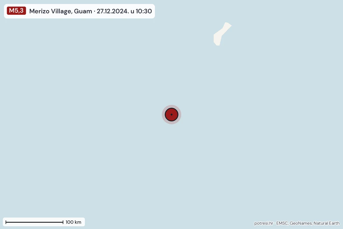 Karta: šire područje, 600 km, potres M5,3, Merizo Village, Guam, 27.12.2024.