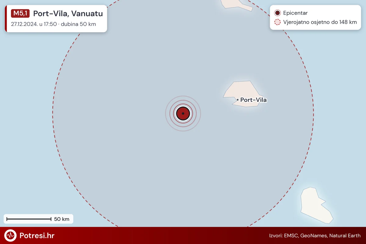 Karta: šire područje i vjerojatni doseg osjeta, potres M5,1, Port-Vila, Vanuatu, 27.12.2024.