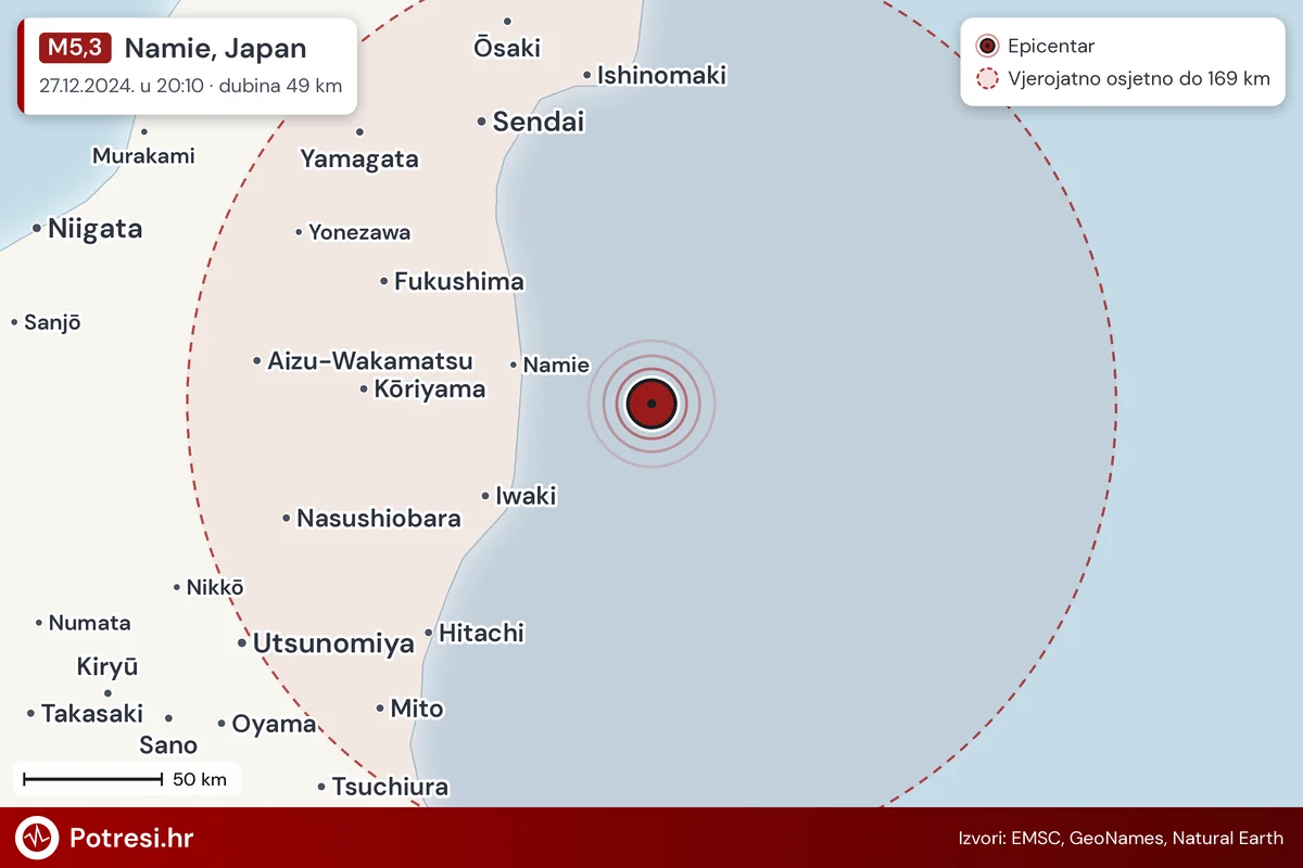 Karta: šire područje i vjerojatni doseg osjeta, potres M5,3, Namie, Japan, 27.12.2024.