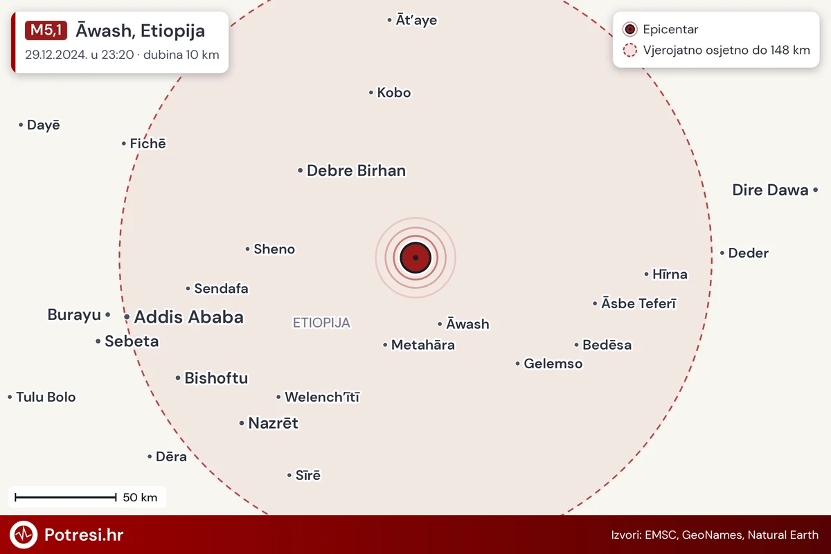 Karta: šire područje i vjerojatni doseg osjeta, potres M5,1, Āwash, Etiopija, 29.12.2024.