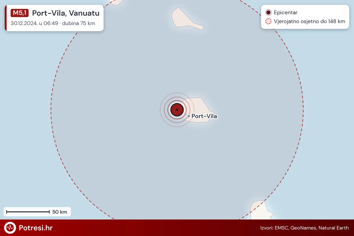 Karta: šire područje i vjerojatni doseg osjeta, potres M5,1, Port-Vila, Vanuatu, 30.12.2024.