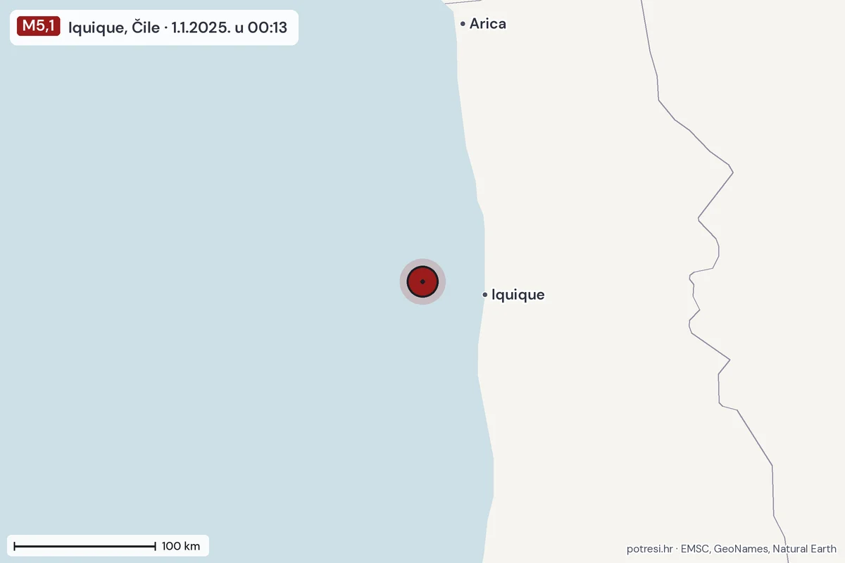 Karta: šire područje, 600 km, potres M5,1, Iquique, Čile, 1.1.2025.