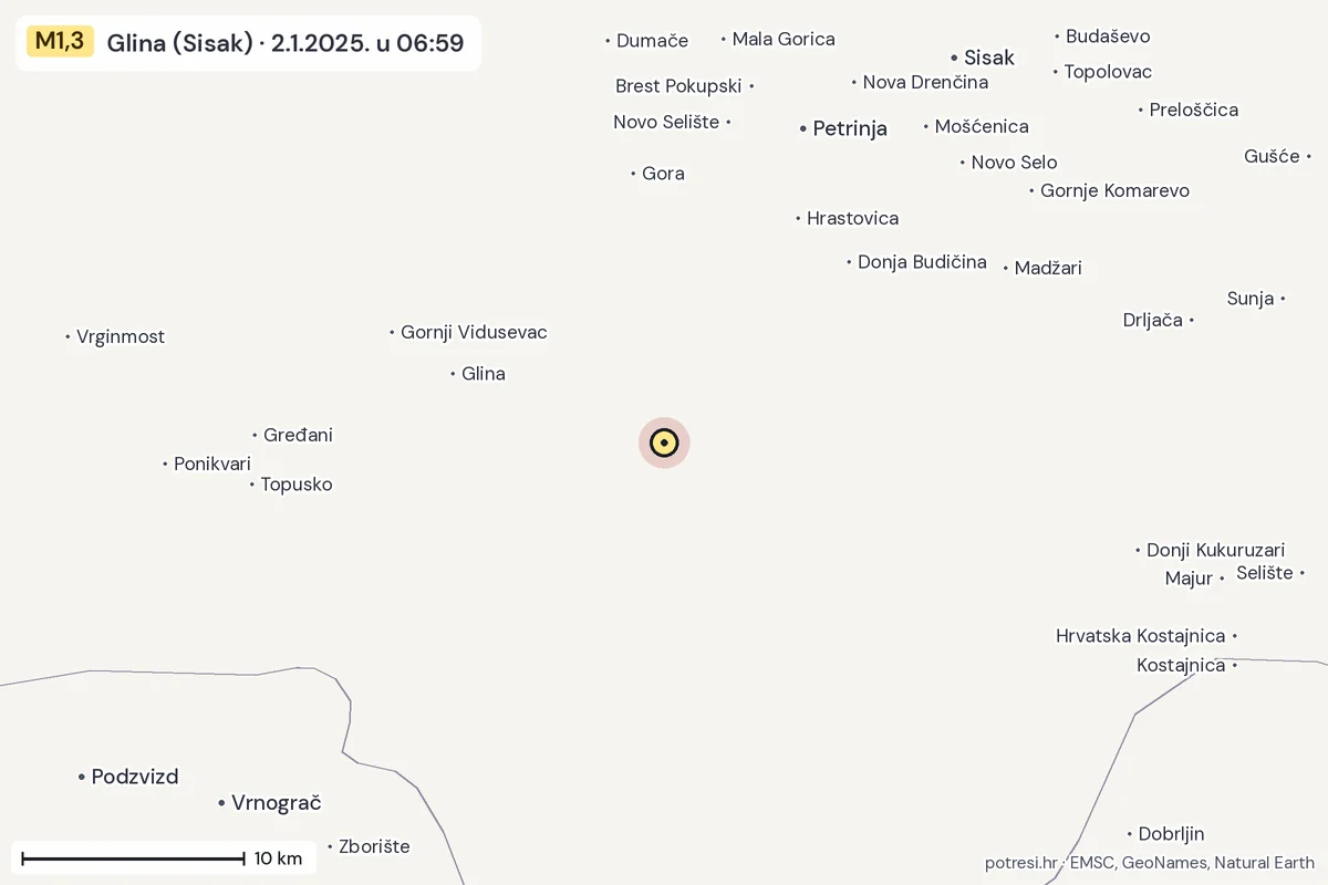 Karta: okolica epicentra, 60 km, potres M1,3, Glina (Sisak), 2.1.2025.